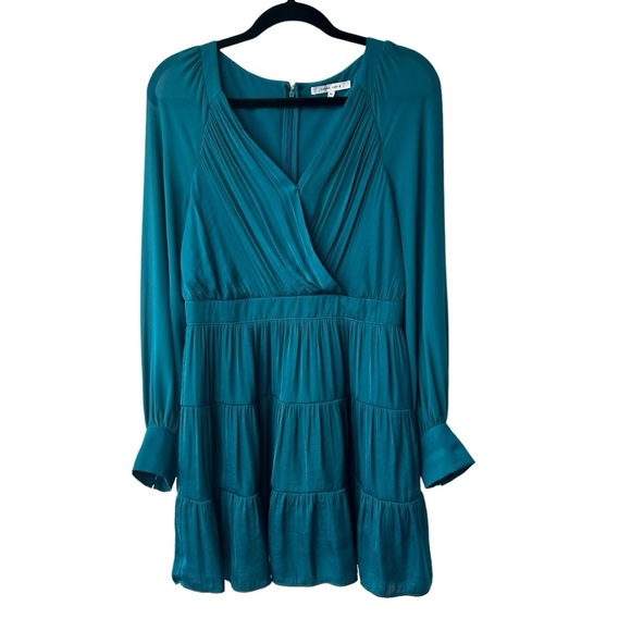 NAKED ZEBRA Teal Blue Faux Wrap Front Tiered Sheer Sleeve Mini Dress Size Medium - Picture 1 of 10